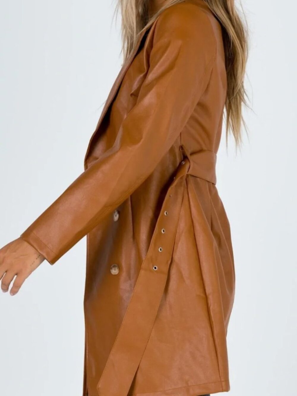 Princess Polly Brown Faux Leather Belted Trench Coat - S/M - Picture 3 of 7